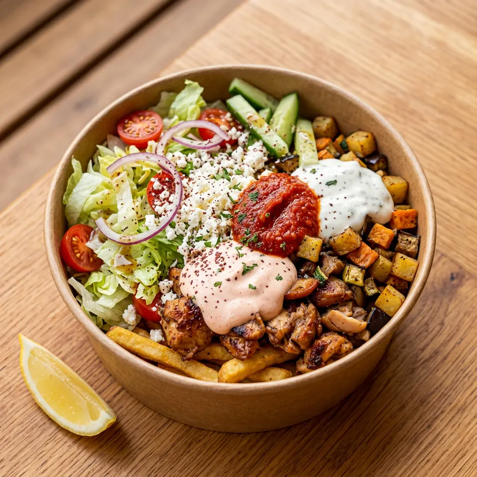 ALMANS Bowl mit Pommes, Grillgemüse und Soßen